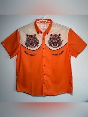 Boozelele Rockabilly Western Tigers Tattoo Button Up Shirt Mens 2XL Orange